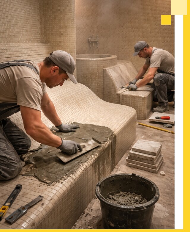 Лежаки для хамама под ключ в Павлове, проект и монтаж