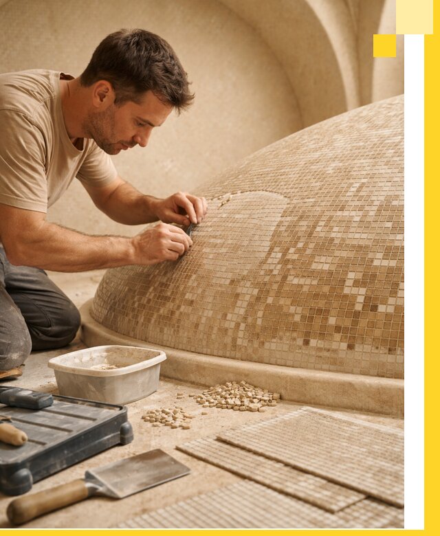 Профессиональная укладка мозаики для хамама под ключ в Павлове